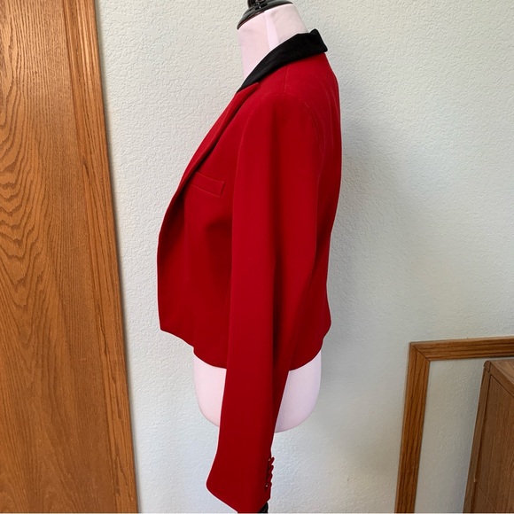 Lauren Ralph Lauren Red Wool Black Velvet Cropped Shoulder Pad Blazer Jacket - Picture 5 of 13